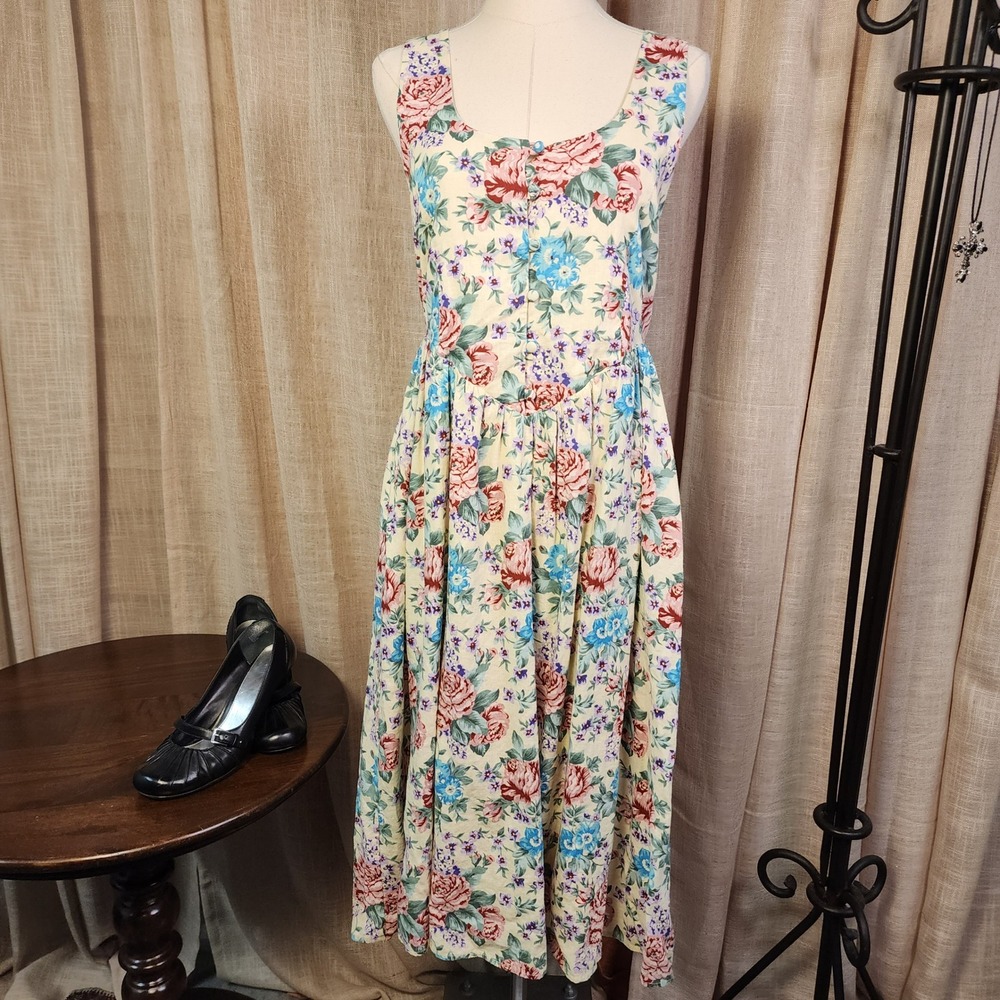 Rolla's 12 L Linen Viscose Floral Midi Dress Cottagecore Drop Waist Button Front